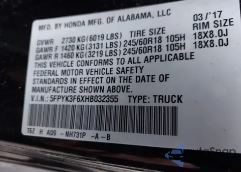 2017 Honda Ridgeline Rtl-T from USA, damaged, VIN 5FPYK3F6XHB032355